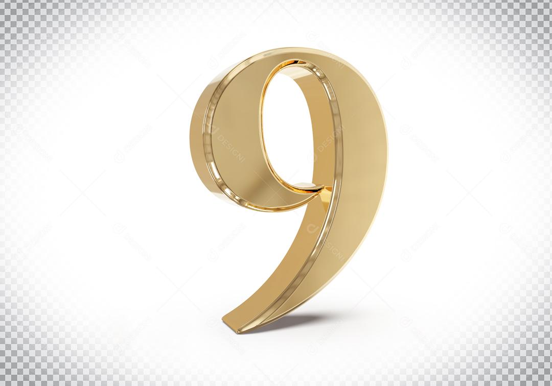 Número 3D 9 Dourado Para Composição PSD