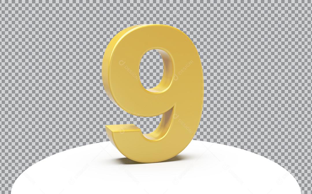 Número 3D 9 Dourado Para Composição PSD