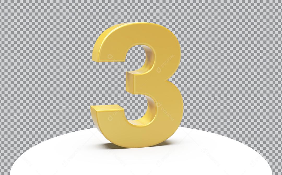 Número 3D 3 Dourado Para Composição PSD