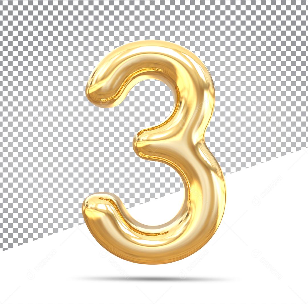 Número 3D 3 Dourado Para Composição PSD
