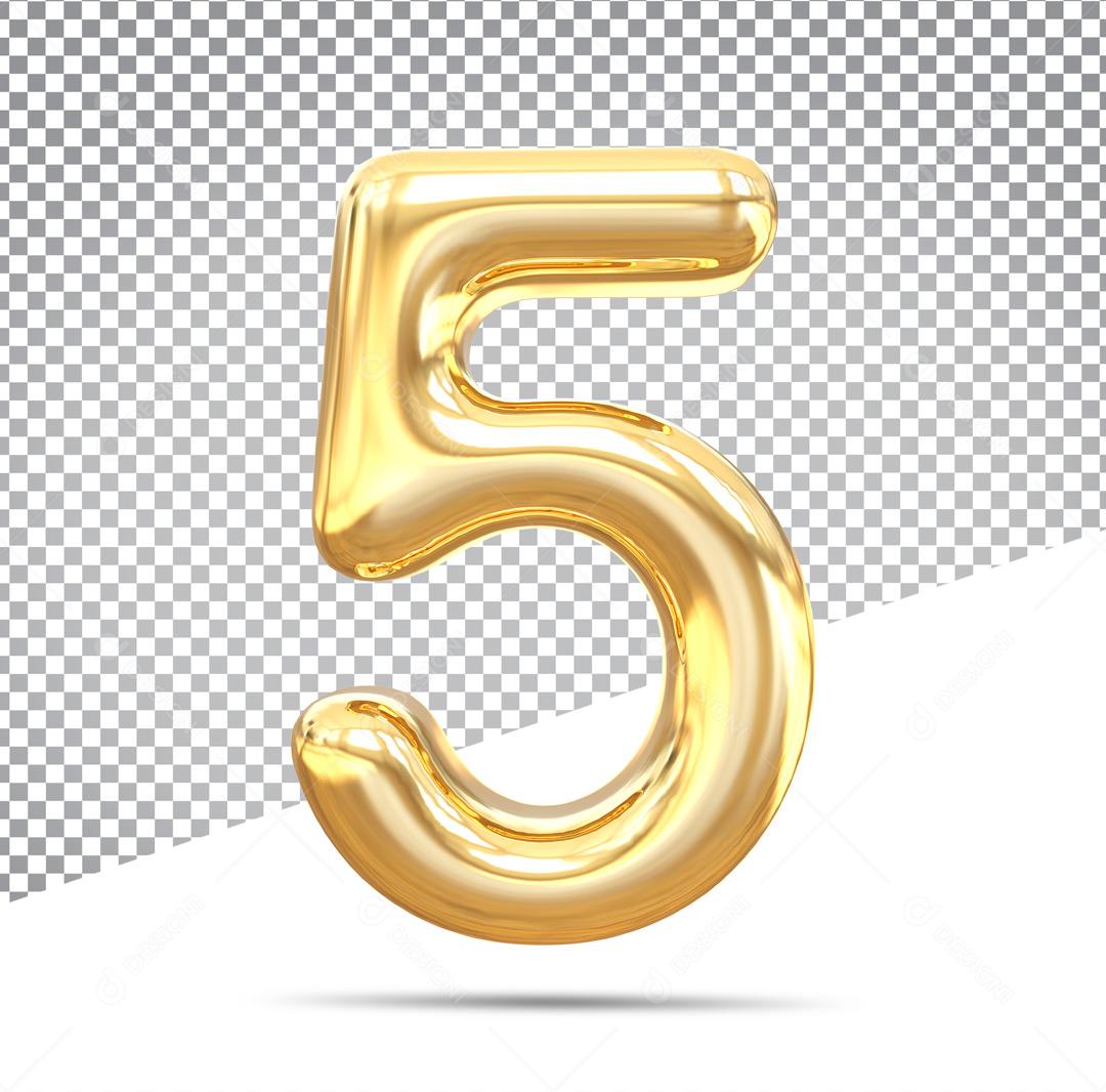 Número 3D 5 Dourado Para Composição PSD