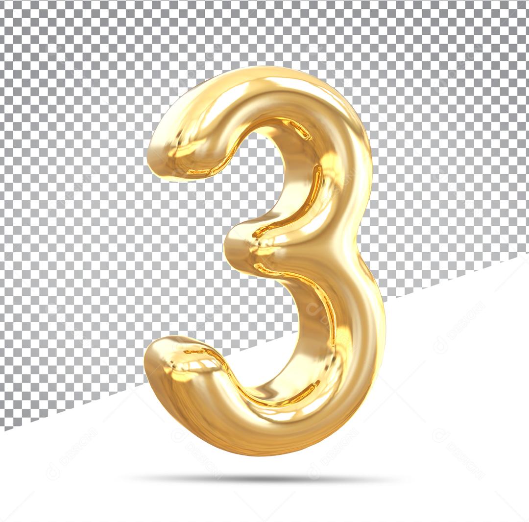 Número 3D 3 Dourado Para Composição PSD