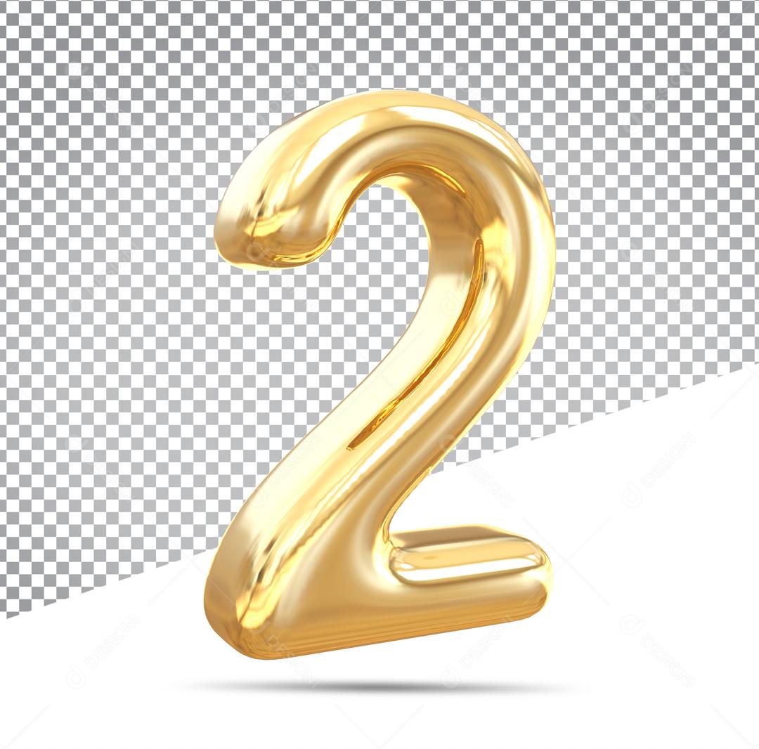Número 3D 2 Dourado Para Composição PSD