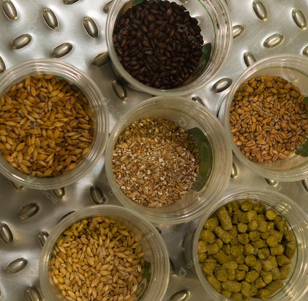 Ervas sementes sobre tigelas de plastico