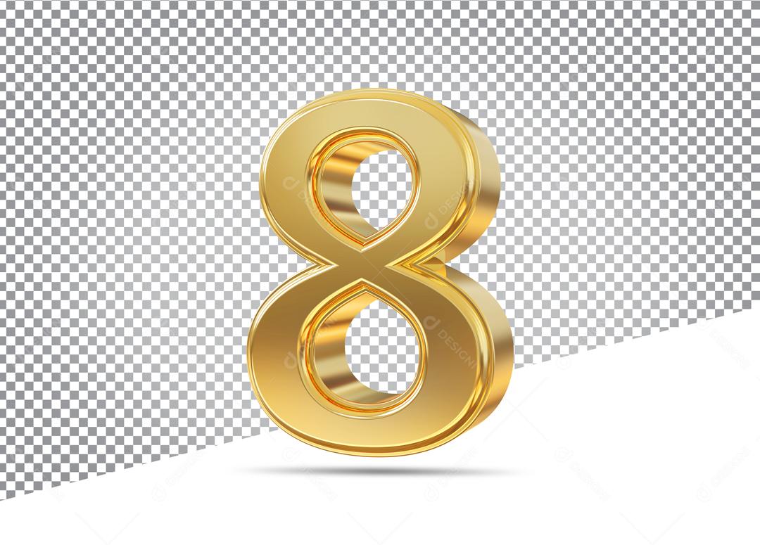 Número 8 3D Dourado Para Composição PSD