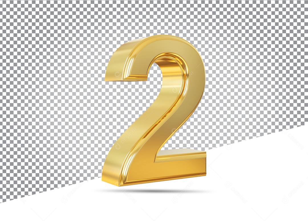 Número 2 3D Dourado Para Composição PSD