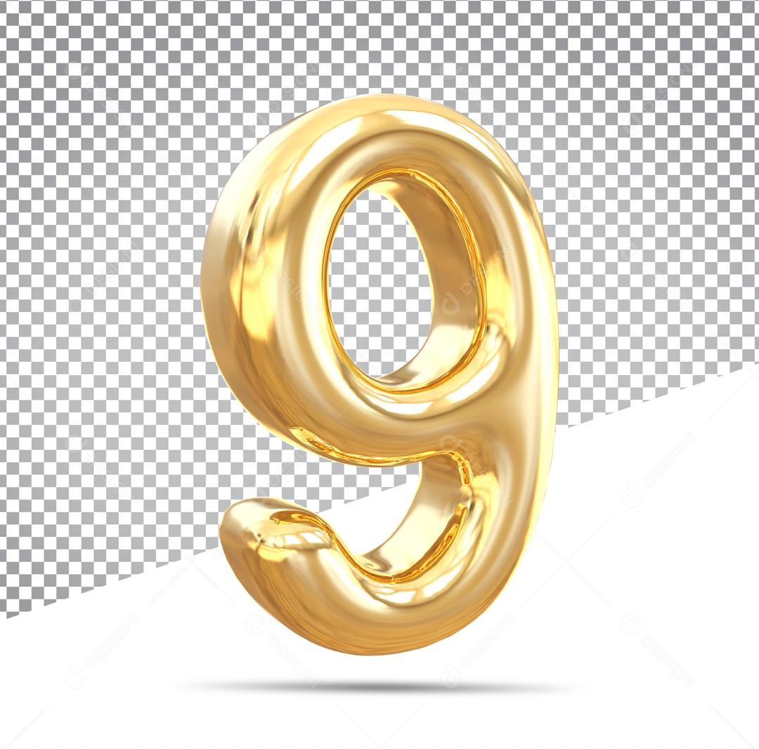 Número 3D 9 Dourado Para Composição PSD