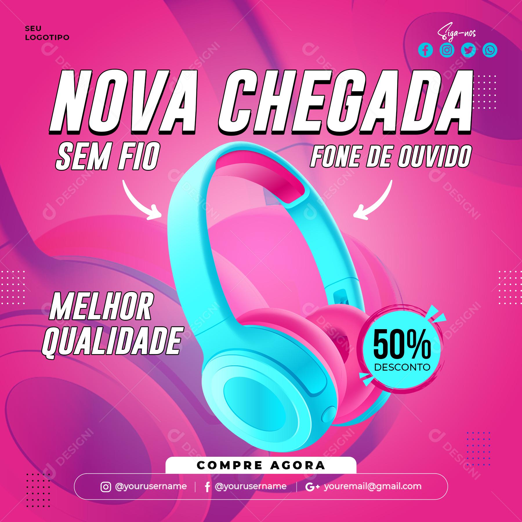 Post Feed Nova Chegada Fone de Ouvido Sem Fio Social Media PSD Editável