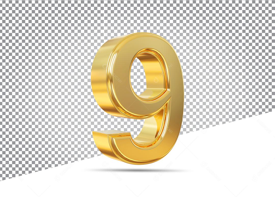 Número 3D 9 Dourado Para Composição PSD Editável