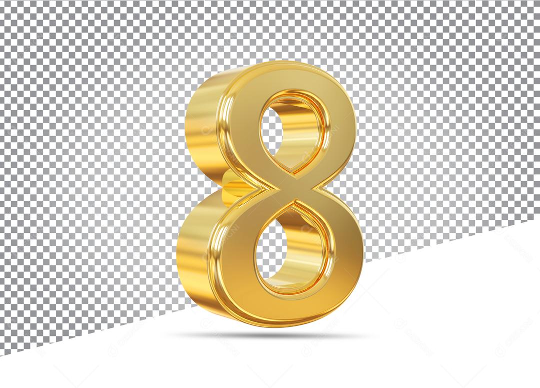 Número 3D 8 Dourado Para Composição PSD Editável