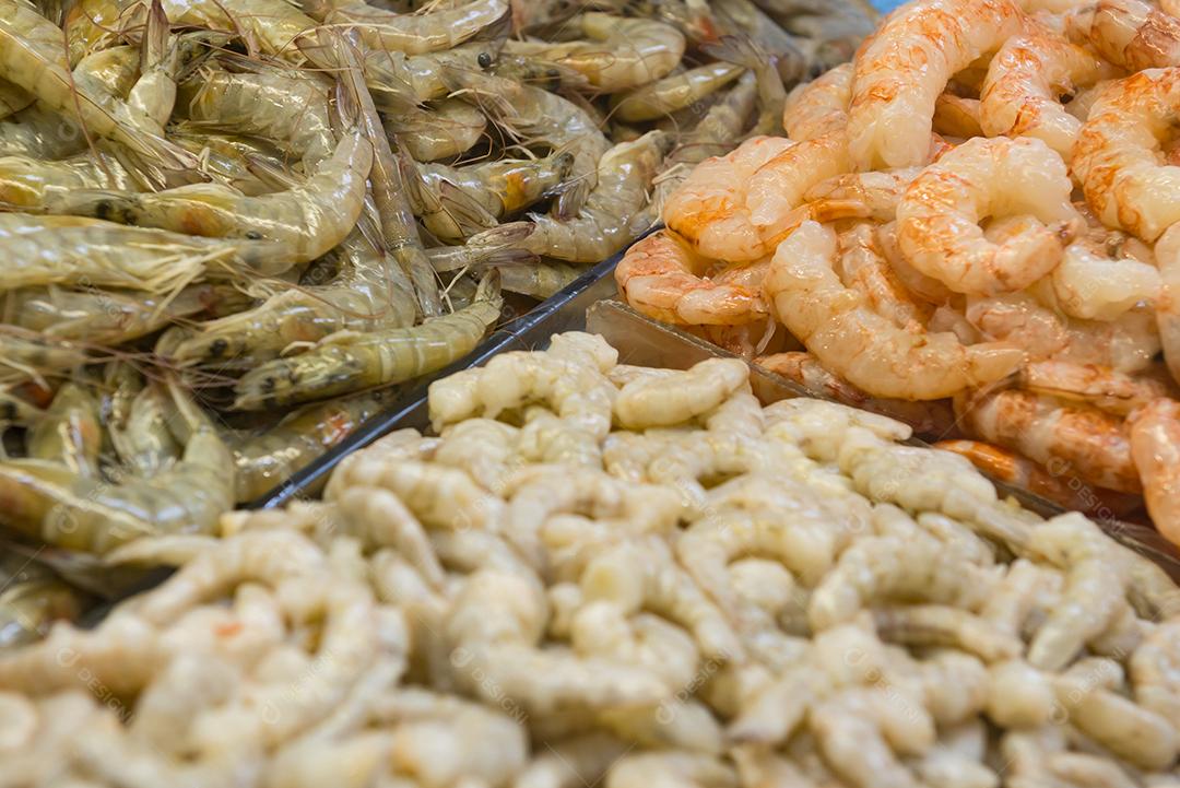 grupo de variedades de camarão. Pano de fundo alimentar. Submarino