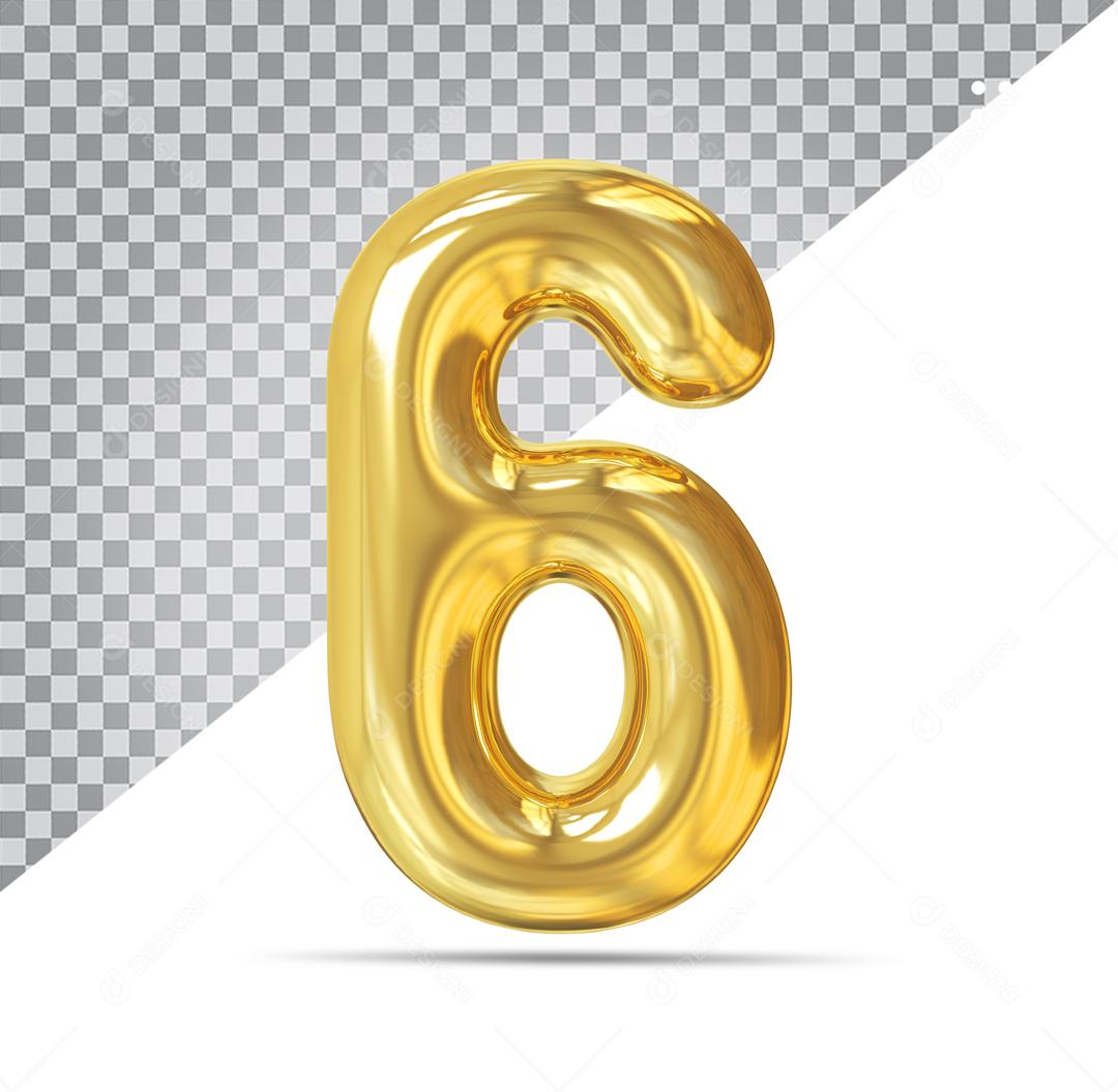 Número 6 Dourado Elemento 3D Para Composição PSD