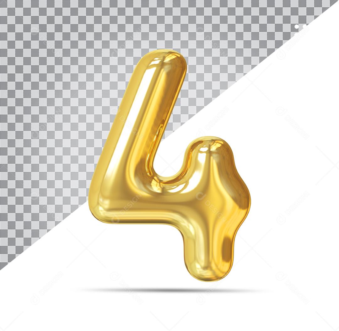 Número 4 Dourado Elemento 3D Para Composição PSD