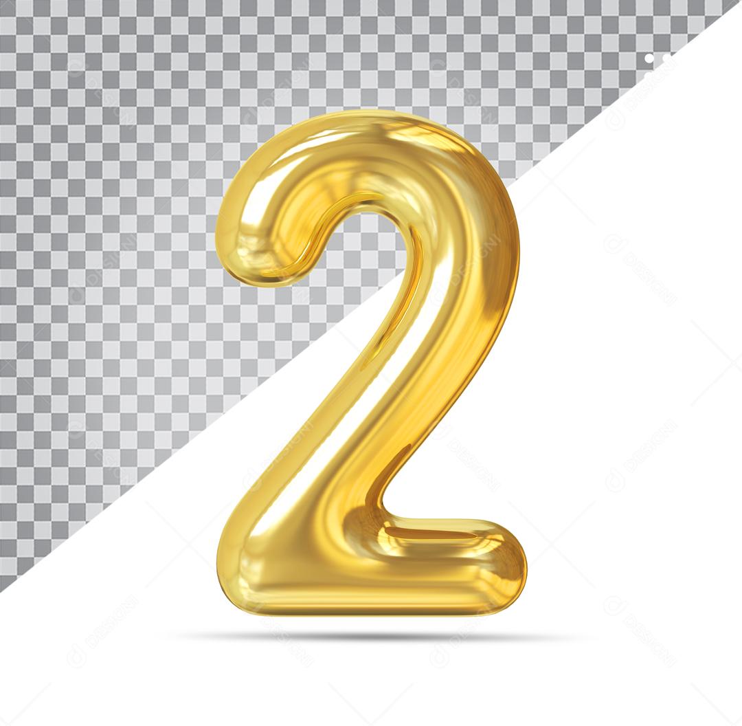 Número 2 Dourado Elemento 3D Para Composição PSD