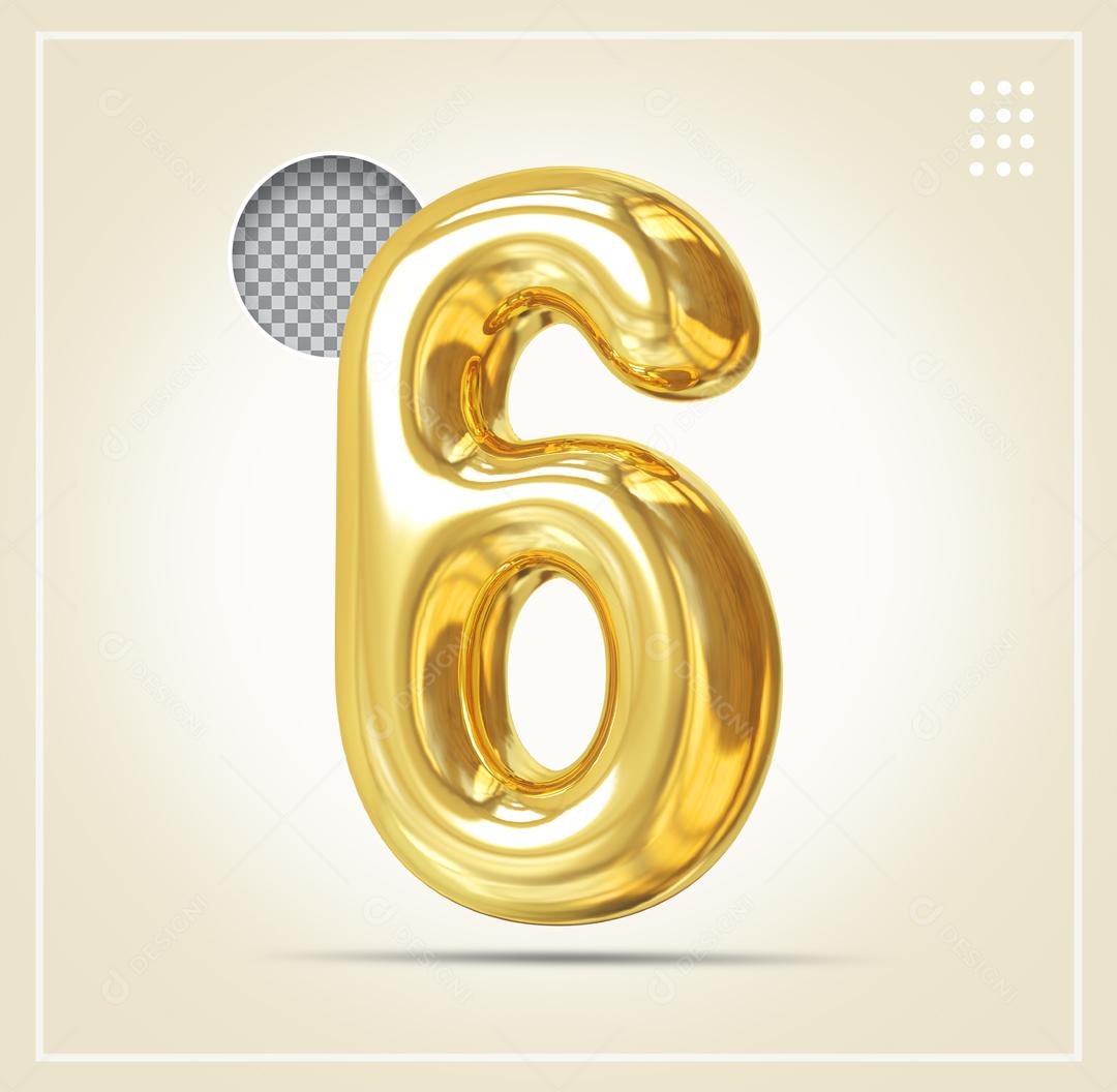 Elemento 3D Número 6 Dourado Para Composição PSD