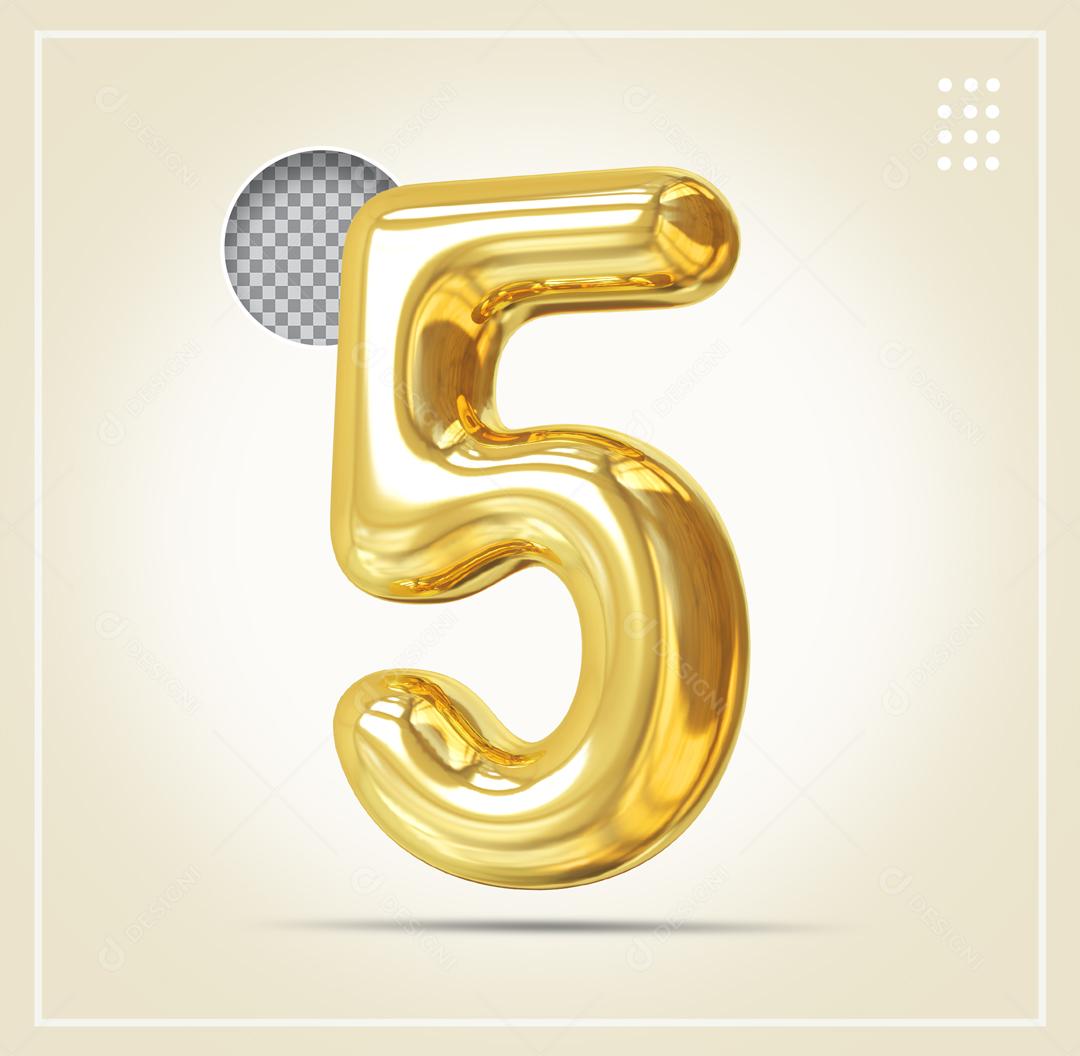 Elemento 3D Número 5 Dourado Para Composição PSD