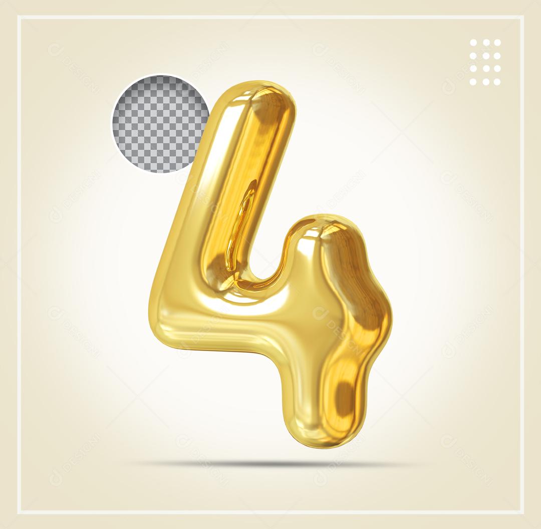Elemento 3D Número 4 Dourado Para Composição PSD