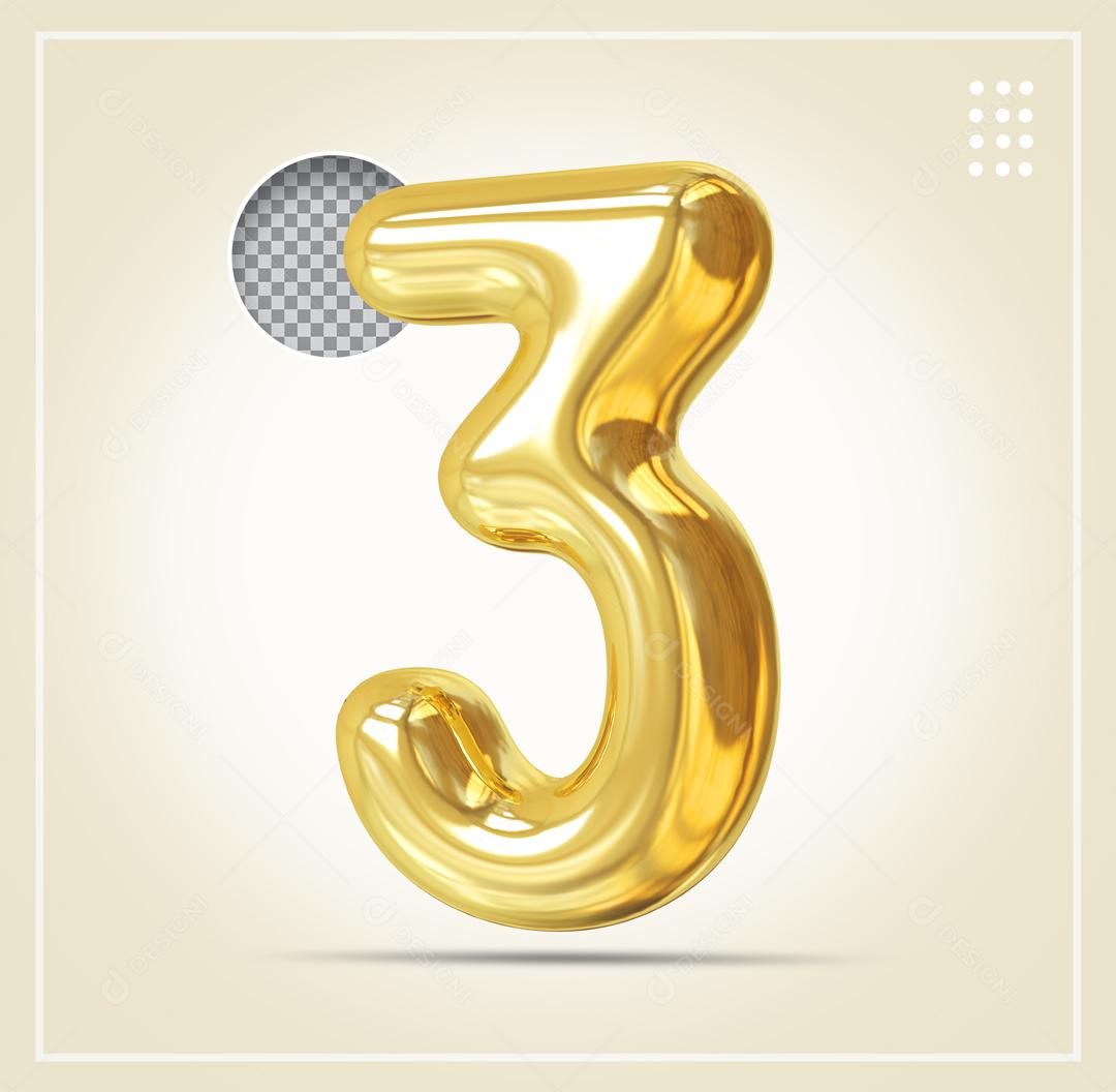Elemento 3D Número 3 Dourado Para Composição PSD