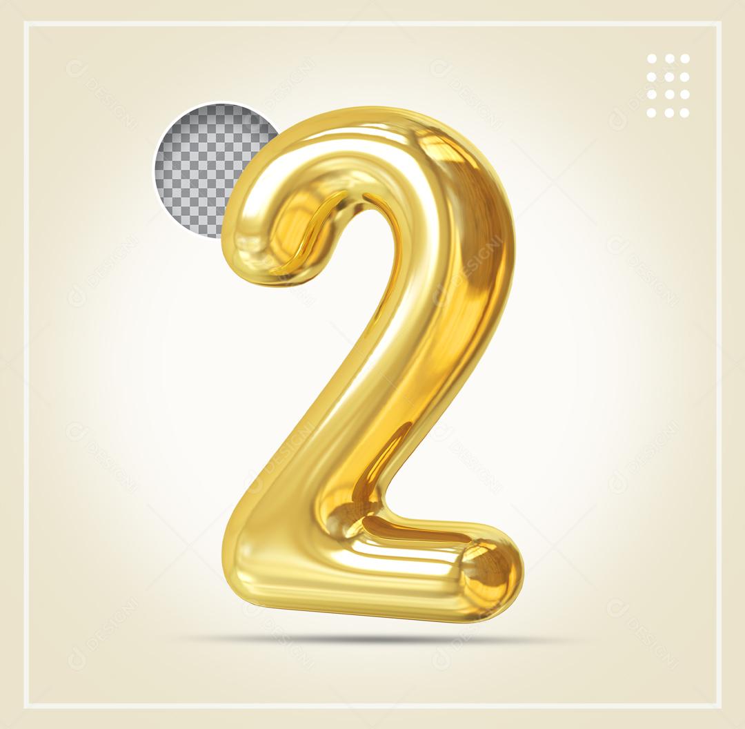 Elemento 3D Número 2 Dourado Para Composição PSD