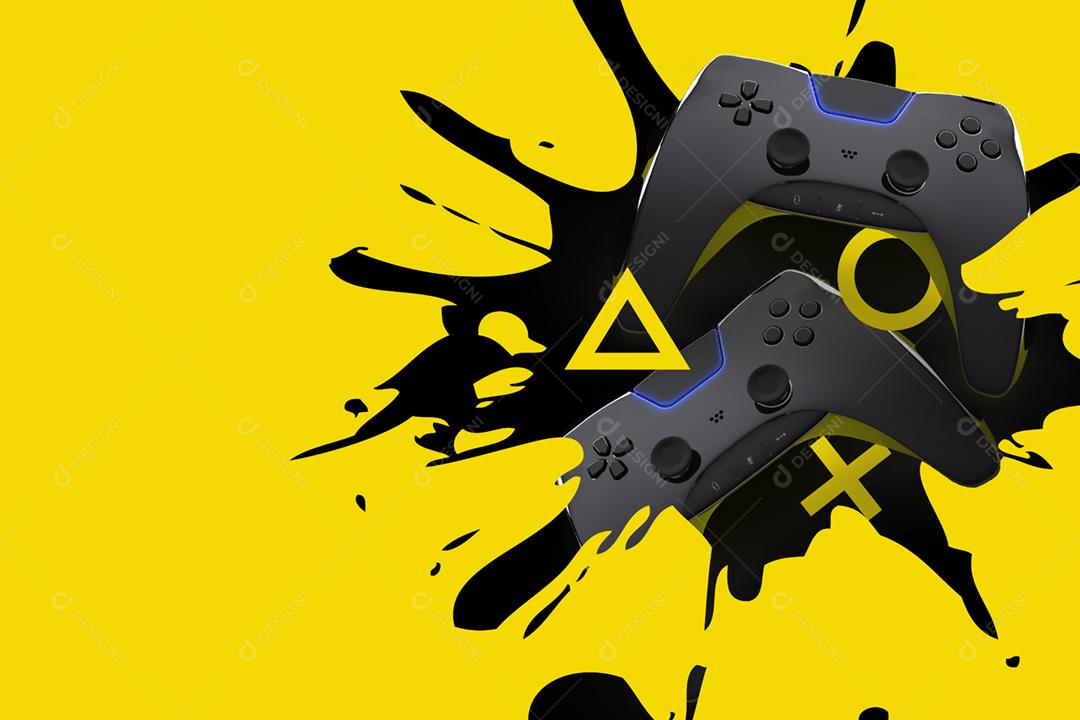 Jogo de controle caindo em um respingo de tinta amarela - renderização em 3D