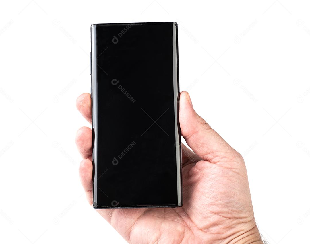 Smartphone de mão segurando com tela preta vazia isolada