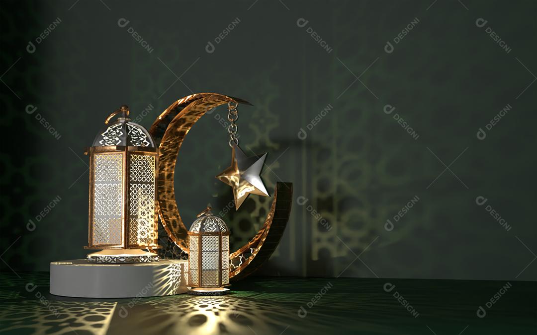 Ramadan kareem 3d isolado com fundo escuro sentido noturno lua crescente e conjunto de lanterna
