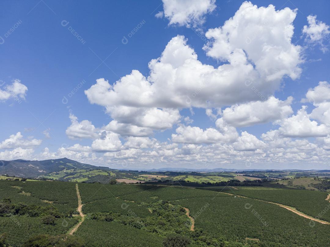 Paisagem vista aerea fazenda floresta céu nublado