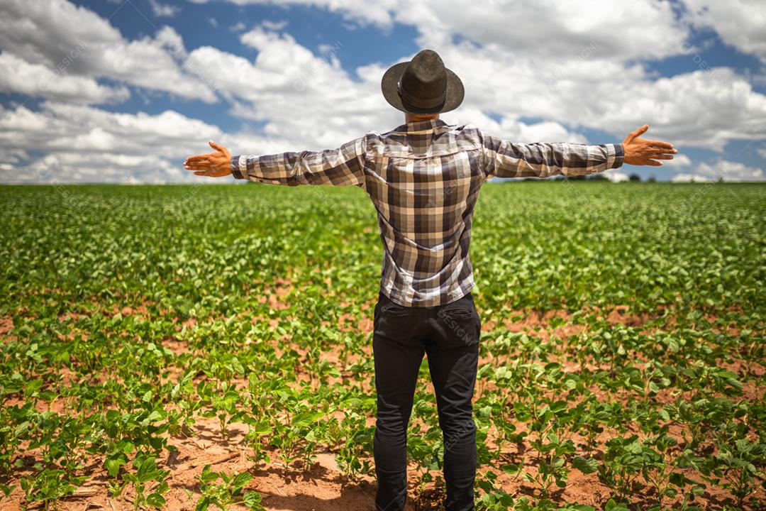 Feliz jovem agricultor latino-americano desfrutando de liberdade com as mãos abertas na fazenda
