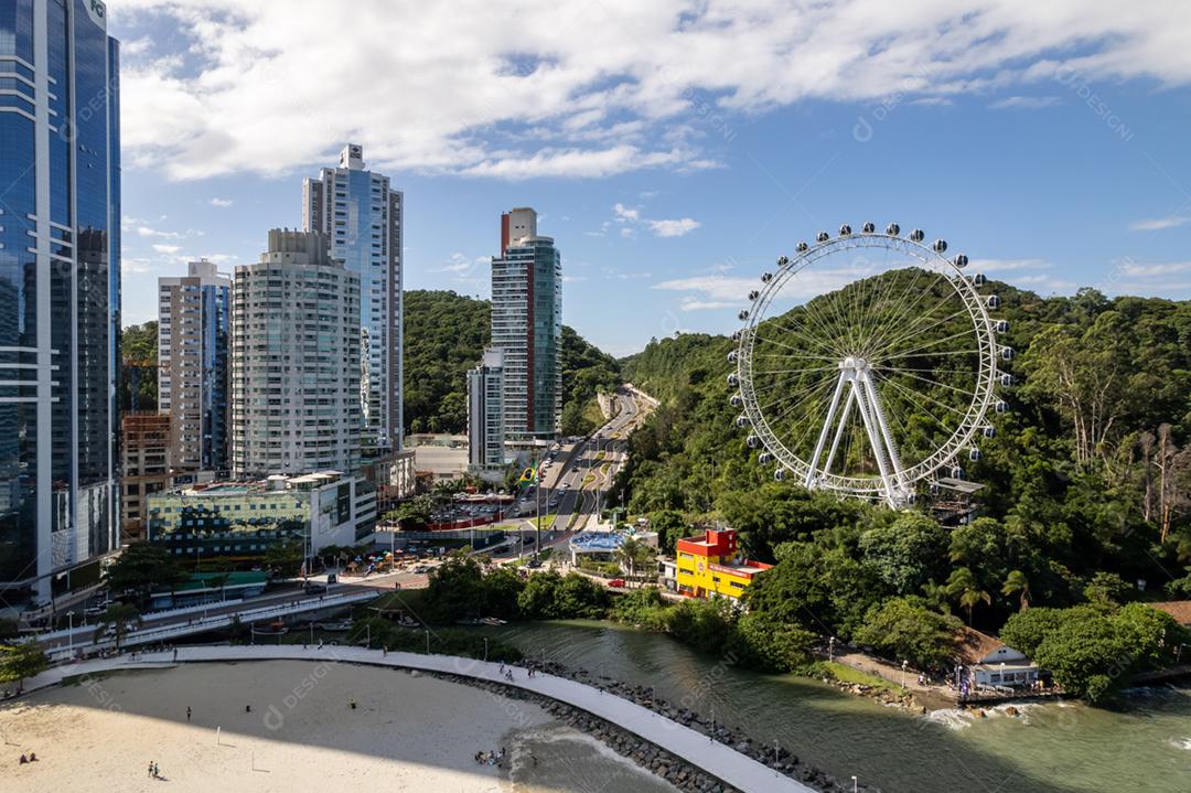 Aerial of the city of Balneário Camboriú and the famous ferris wheel of Balneário Camboriú, the Big Wheel.