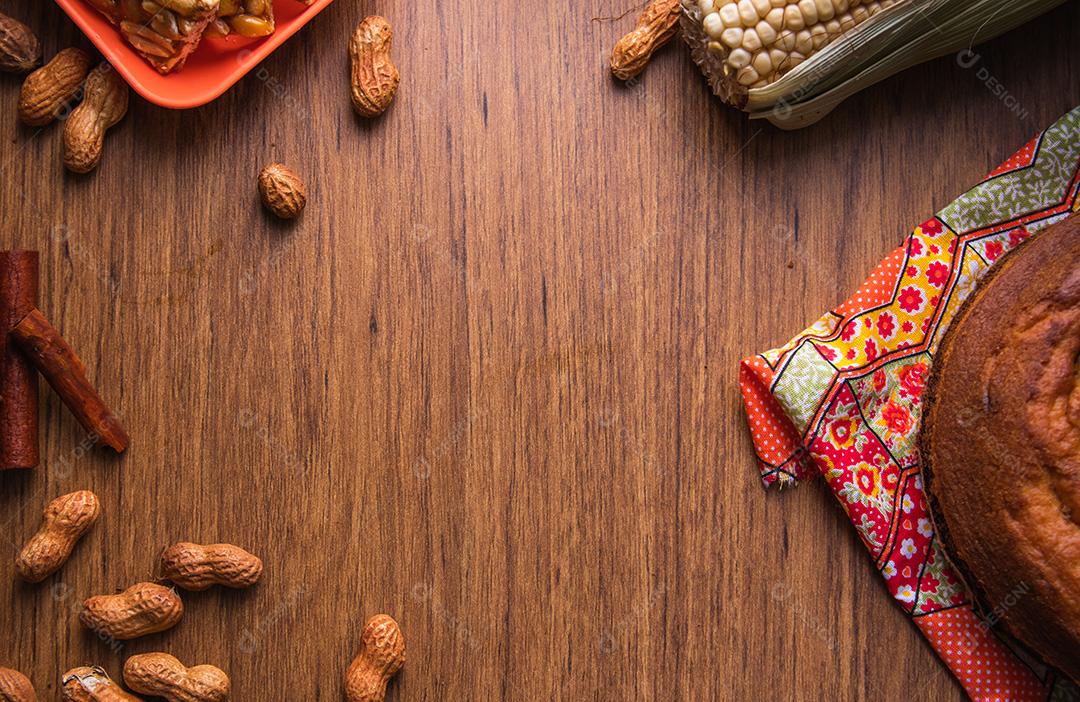 Festa Junina, fundo de férias com comida tradicional do Brasil. Festa Junina Festival Brasileiro.