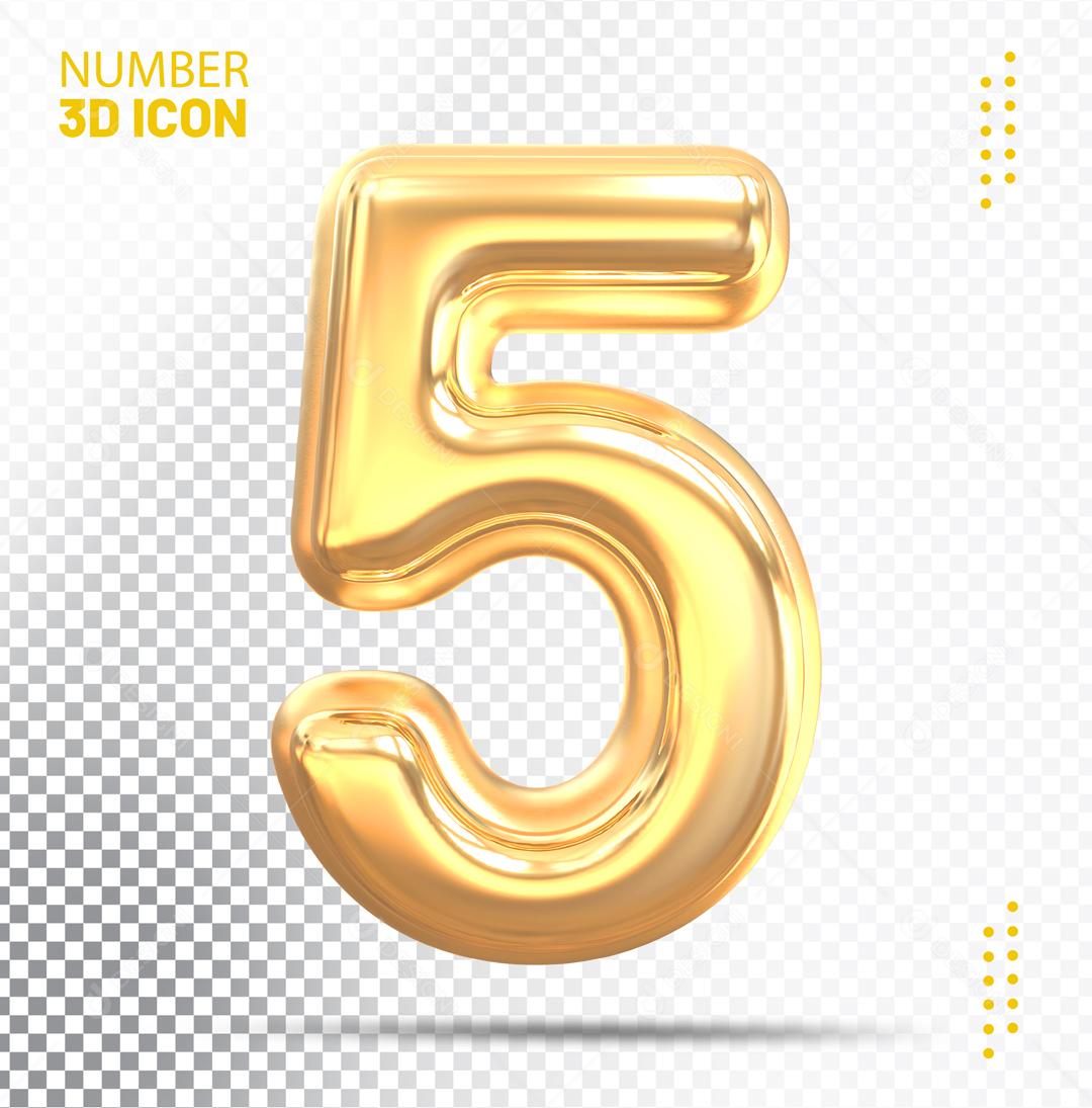 Número 3D 5 Dourado Para Composição PSD