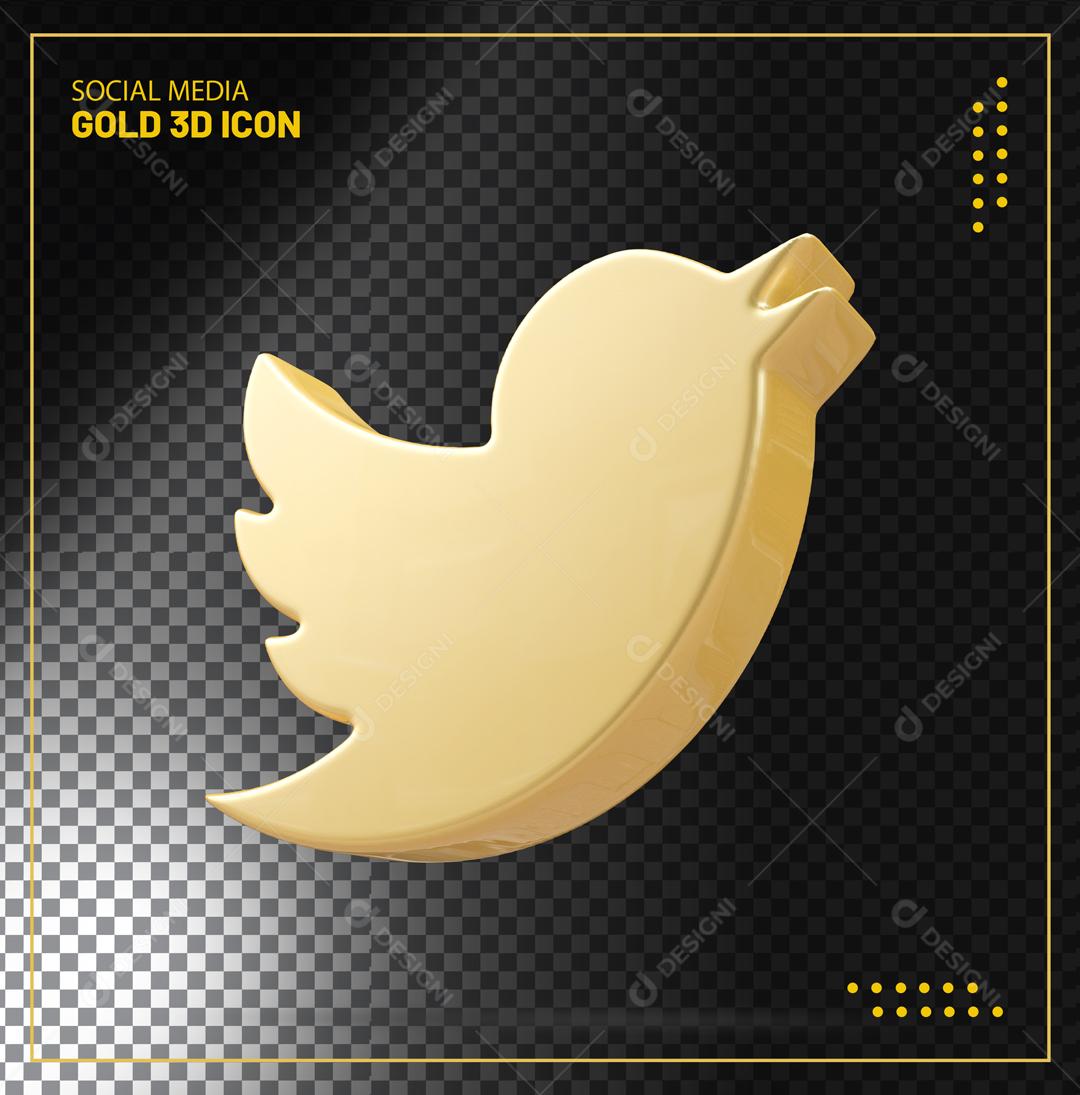 Twitter 3D Dourado Elemento Para Composição PSD