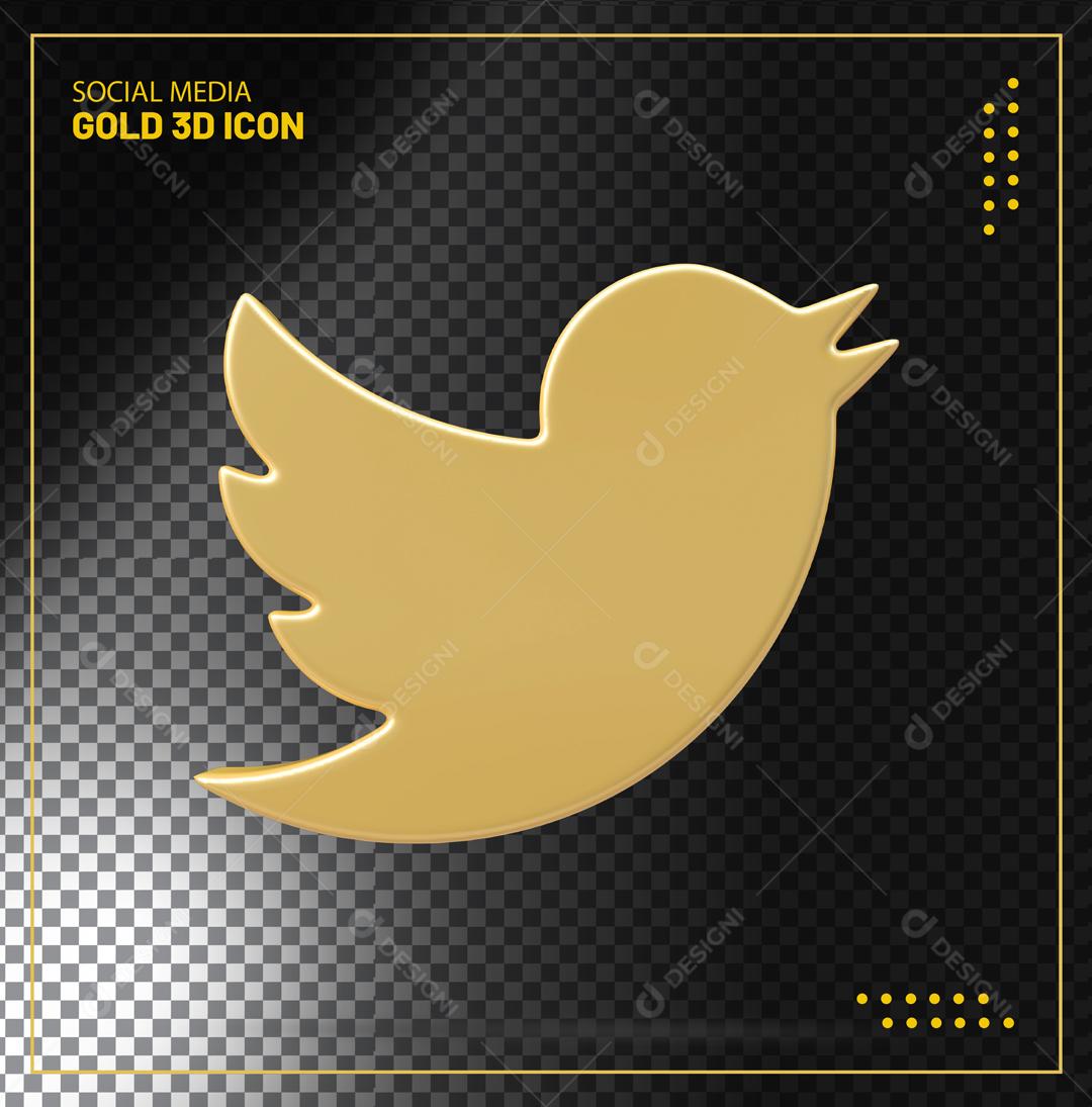 Twitter 3D Dourado Elemento Para Composição PSD