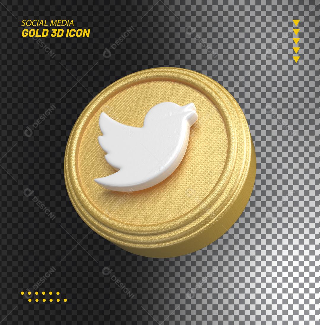 Twitter 3D Dourado Elemento Para Composição PSD