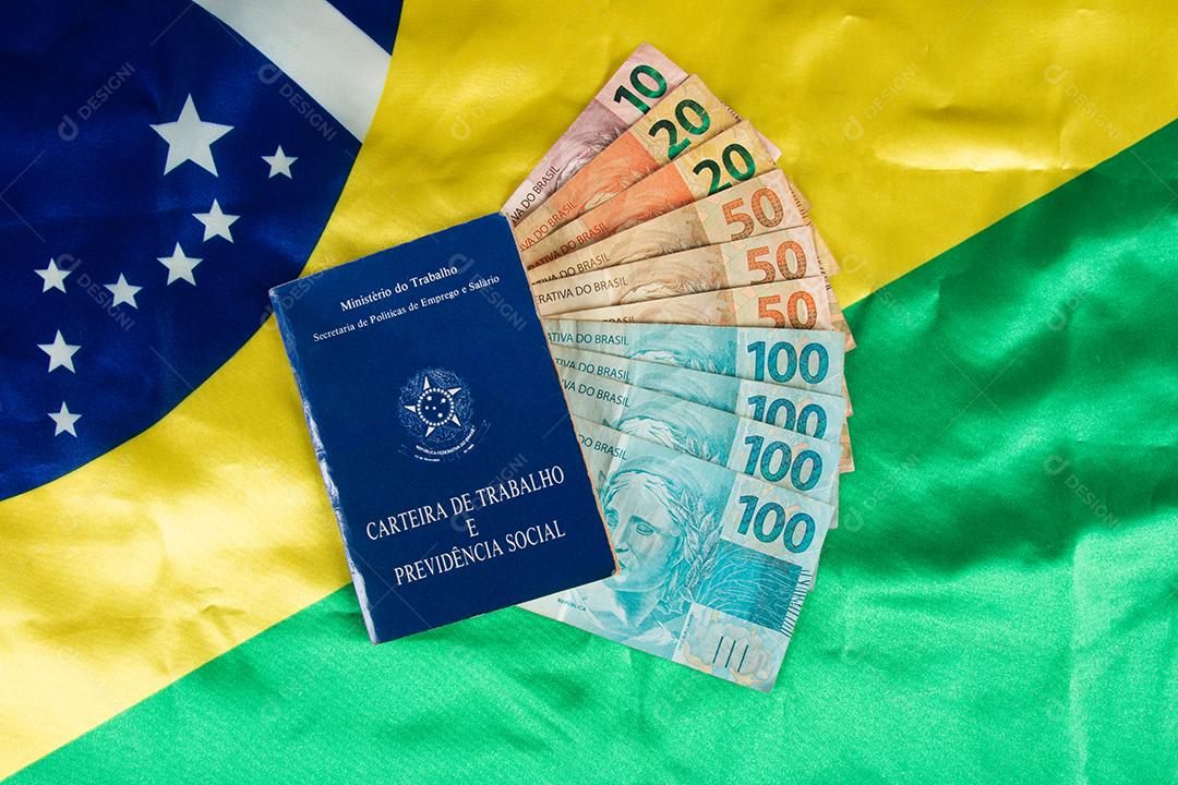 Mão segurando trabalho de documento brasileiro e previdência social (Carteira de trabalho)