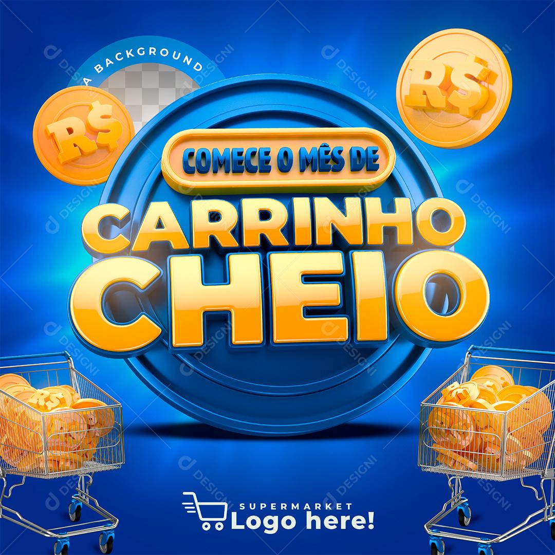 Selo 3D Comece o Mês de Carrinho Cheio Azul para Composição PSD