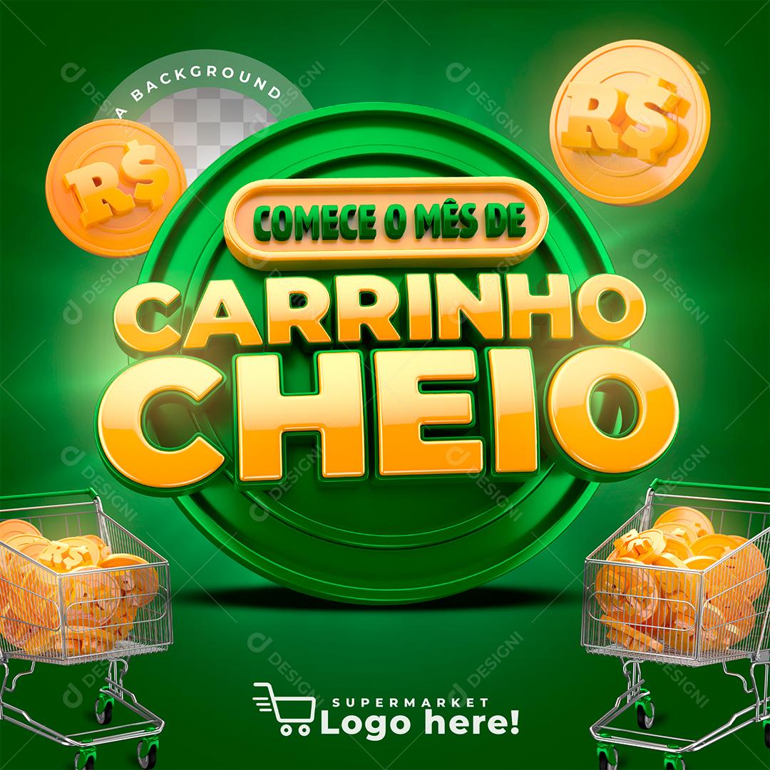 Selo 3D Comece o Mês de Carrinho Cheio Verde para Composição PSD