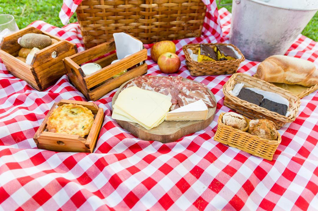 Comidas piquenique sobre campo grama verde frutas pao queijo piquenique salame