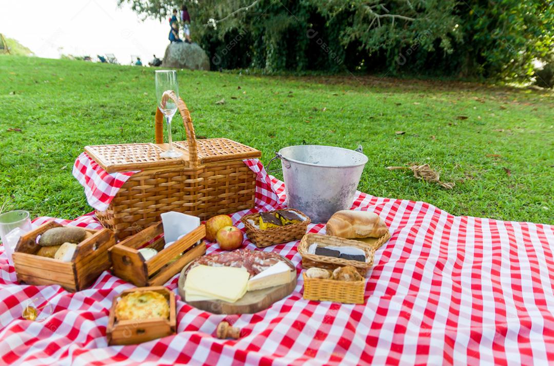 Comidas piquenique sobre campo grama verde frutas pao queijo piquenique salame