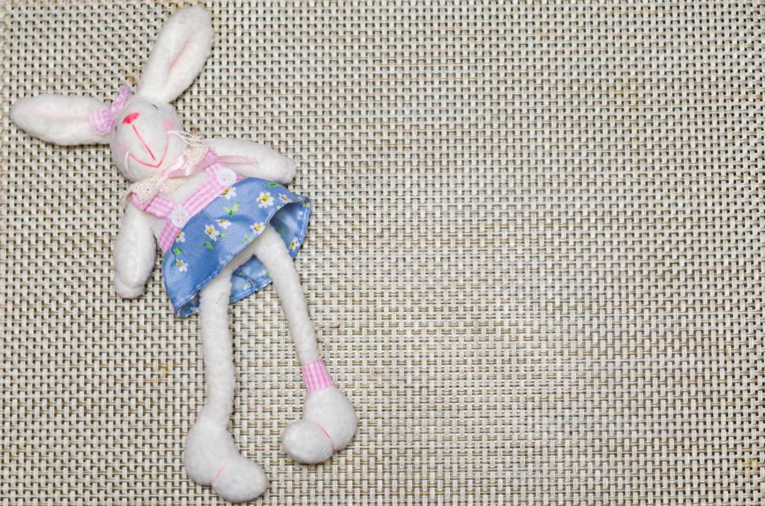 Conceito de Páscoa, coelhinho da Páscoa de pelúcia em fundo de palha com decoração.