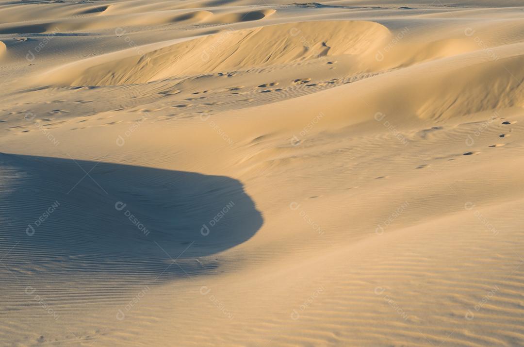 Hora dourada de dunas de areia, sol dourado batendo na areia.