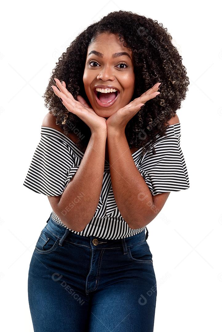 Fotografia de estúdio de mulher negra jovem e elegante sorrindo isolada em fundo branco em diferentes situações cotidianas