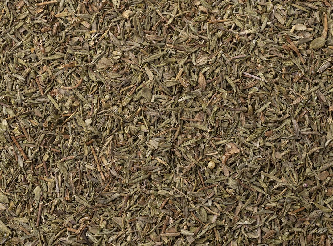 Vista superior, tomilho seco. Pano de fundo alimentar
