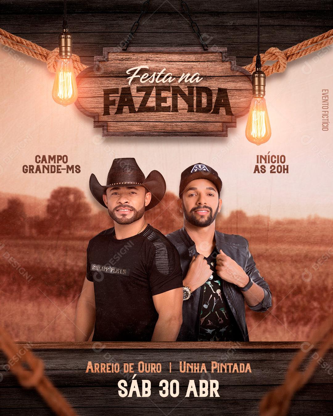 Flyers Festa na Fazenda Arreio De Ouro Unha Pintada Social Media PSD Editável