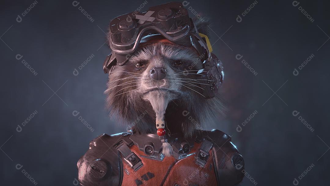 Rocky Raccoon de Guardiões da Galáxia, ilustração 3D, 6 abr, 2022, São Paulo, Brasil