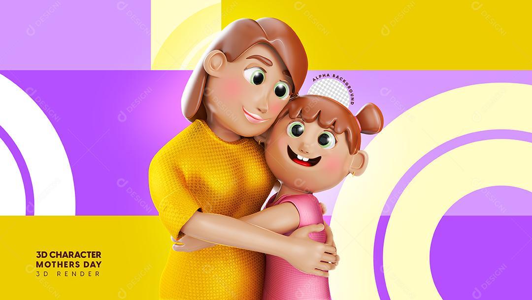 Ilustração 3D Mãe e Filha Se Abraçando Para Composição PSD