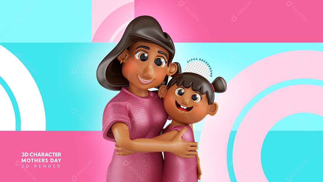 Ilustração 3D Mãe e Filha Se Abraçando Para Composição PSD