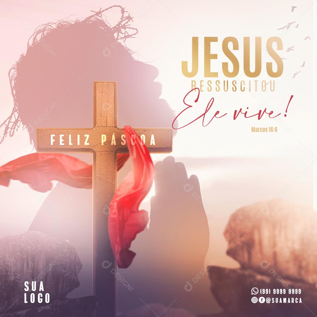 Jesus Ressuscitou Ele Vive Feliz Páscoa Social Media PSD Editável