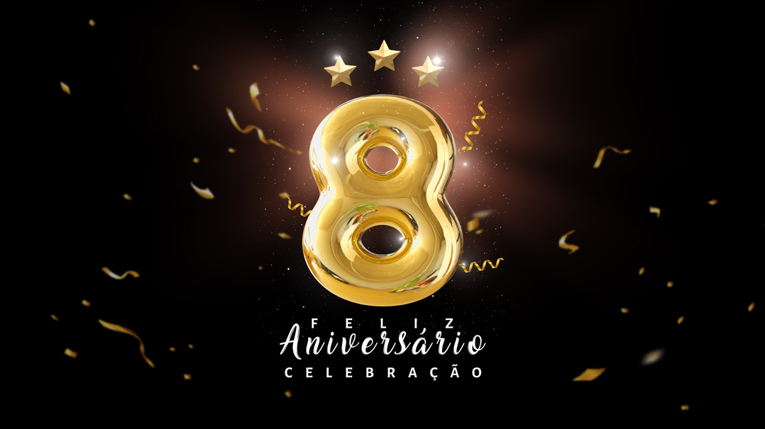 Social Media Banner Feliz Aniversário Celebração 8 Anos PSD Editável