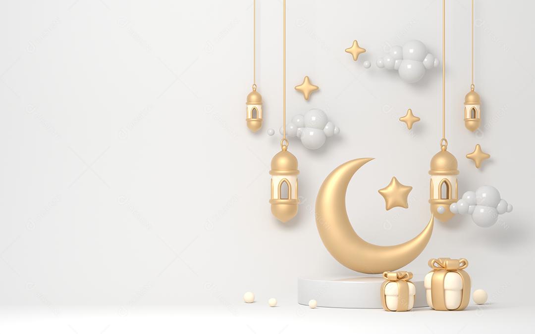 Background do ramadã com lanterna islâmica dourada e lua crescente podium